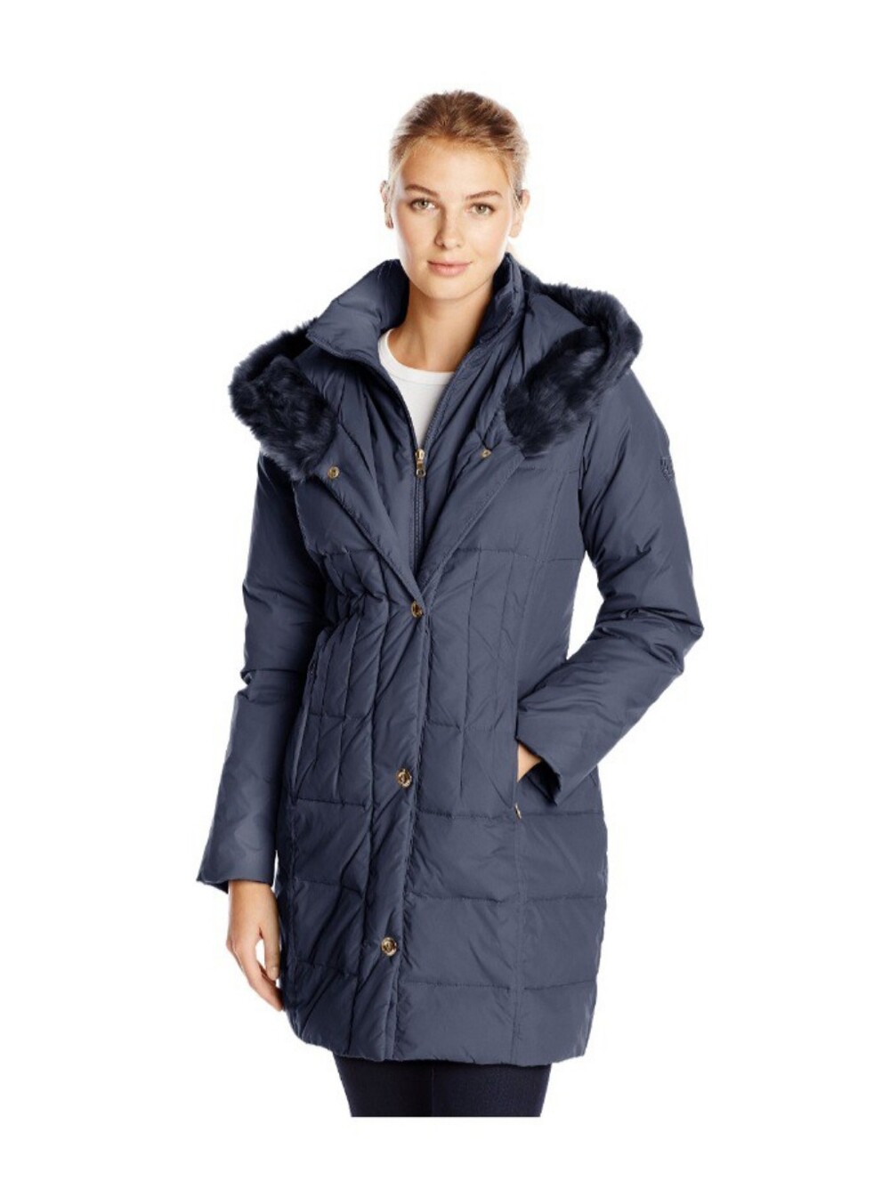 LARRY LEVINE Women's Navy Faux-Fur Trim Quilted Coat
